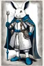 Placeholder: male white Rabbit standing up with blue eyes in armor wearing a cloak wearing boots