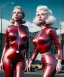 Placeholder: Ultra Realistic retro sci-fi movie Supermarket parking people scene, 1960 year, waist up view portrait, 2 clones blonde women, sweet scarlet Johansson face, perfect iris, glow eyes, face makeup, tight latex coat. many people looking, Retro sci-fi style, soft color, highly detailed, unreal engine 5, ray tracing, RTX, lumen lighting, ultra detail, volumetric lighting, 3d, finely drawn, high definition, high resolution.