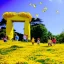 Placeholder: Fleurs jaunes, ciel bleu, portail céleste, cascade, dolmen, oiseaux, enfants souriants , couleur mauve,4k