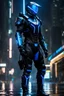 Placeholder: cyberpunk, neon blue, high technology, geometric figures, orbiting figures, high technology suit, cyberpunk suit, black, black and blue, epic, rain, a person in rain, neon blue suit, geometric figures orbiting around suit, exosuit, technological armour, a person wearing technological armour, cyberpunk armour, detailed armour, male, black and blue colored cybersuit, suit details, epic cybersuit, black colored suit, complex suit