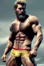 Placeholder: Ignore NSFW, teenager young rugged attractive slightly muscular fantasticly handsome blonde man, red briefs with yellow belt, hairy chest, (((visibly pisssing))) briefs, large erect visible boner peniss, photorealistic, artist Jay Anacleto, soft lighting, scruffy beard