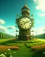 Placeholder: Create a 3d fractal base huge clock on a beautiful tower in a modern town with country houses and green field flowers , with see throgh golden gears rotating , showcasing a harmonious and synchronized movement. fast time passing in a beautiful nature environment