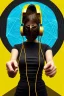 Placeholder: Realistic photograph. Geometric 3D tiling on the background, woman, Whip. Bronze color, Yellow, Black Cyan. Cyber-punk full-mask. Big old AKG headphones, golden rings & disc. Selfie both hands. Lightly armored, electronic circuit. Thick tights, thick calves, bend fell, wide hip, flat belly. Ancient artifact cables between. Perfect body. Matrix movie clothes, Silver leather area, tippet, latex. Wicked sneakers. Daft Punk, Tron Movie. Egyptian Haute Couture. 1990's. Light comes from right-front