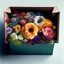 Placeholder: a box full of flowers with flowers going outside of it. the photo view 90 degree side view. style: "hyper realistic." the "flowers only" should be one kind only with one color thats mean every fllower should have the same color.