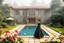 Placeholder: a luxury villa yard with pool in center and pretty plants trees flowers, morning mist, lost paradise atmosphere,a pretty model lady in victorian clothing walking in villa yard in flowers .every thing and lady is made of small colored cubes as a puzzle