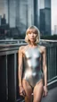 Placeholder: beautiful anorexic asian female, total shot, shiny silver triathlon swimsuit, short blond wavy bob hair, blurred city background