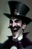 Placeholder: Strahd von Zarovich with a handlebar mustache wearing a top hat while laughing