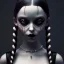 Placeholder: Wednesday Addams, Wednesday with braids standing with her arms crossed,gothic art, goth, dark, hyper detail, octane render, unreal engine 5, photorealistic, 8k resulation