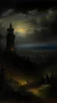 Placeholder: A black ominous kingdom surrounded in darkness painted by George Inness