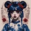 Placeholder: wears a smart shirt which is embroidered with bluered flowers and ornaments, has dark eyes and horns,Poster in two gradually, a one side malevolent goth vampire girl face and other side the Singer Melanie Martinez face, full body, painting by Yoji Shinkawa, darkblue and sepia tones,