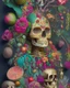 Placeholder: Mexican Skull Calavera, surrounded by poetic ornamental elements such as fruits, flowers, garlands of lights and native plants, colors Pink, Green, Gold and Black, 3D style, painting art, highly detailed, surrealist