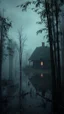 Placeholder: A swamp surrounded by bamboos long trees in cloudy, depressing, foggy, with a dark light at night in the distance , there is an abandoned cottage of an old house covered with leaves. A light inside the house though the window, Bruegel painting style