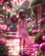 Placeholder: In the garden walking among the flowers, cute girl 8 years old, light pink silk skirt, illustration, wearing slippers on foot, high heels, hair Brown blowing, cinematic, glitter, glitter, perfect, 4K, 3d, high resolution, Barbie style, sunlight best quality, high resolution, detailed work, po-processing, perfect result