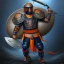 Placeholder: a fierce warrior in full navy blue and orange battle armor, with an S-shaped shield, holding a basketball, background of Inka jungle, a highly detailed illustration, realistic render, 8 k, micro detail, intricate, elegant, centered, digital painting, Artstation, smooth, sharp focus, illustration, artgerm, tomasz alen kopera, peter mohrbacher, donato giancola, joseph christian leyendecker, wlop, boris vallejo