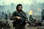 Placeholder: color image of Che Guevara standing with heavy gun in hand in a fighting area