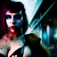 Placeholder: portrait oil on canvas, beautiful punk busty female Cyborg, intense stare, sad glowing eyes, post-apocalyptic in a cyberpunk city,minimal skintight latex dress, bladerunner movie poster, realistic, intriacte detail, sci-fi fantasy style, masterpiece, volumetric lighting, particles, highly detailed ,cinamatic , deep colours,8k, in the style of Kaare Andrews