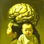 Placeholder: a huge golden brain supported by very small beautiful Asian female human bodies, complex surgical instruments mix a newborn boy between light and shadow, surrealism, symbolism, minimalism, sculpture by Adrian Ghenie, Lucian Freud, Rene Magritte, Salvador Dali