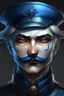 Placeholder: fantasy drawing. porcelain man with blue painted accents. blue long pointed hair. and in a dark, almost black, blue army uniform. somber expression. blue eyes. thin mustache. red lips. boyish face, round face.