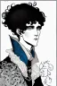 Placeholder: Black haired blue eyed freckled young male warlock in the style of aubrey beardsley