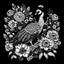 Placeholder: black and white. peafowl between seeds and big flowers. black background. for a coloring.