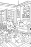 Placeholder: coloring page for kids, Cats in the living room, cartoon style, thick lines, low detail, no shading