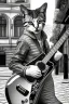 Placeholder: One single mature street cat, friendly, playing guitar, vienna, sunny day, perfect iris, model style, hyper realistic, extremely accurate, delicate, extremely detailed, Graphic novel style, wide-angle, open aperture, superfine pencil