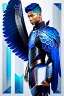 Placeholder: a human male with blue short hair and blue wings in an assymetrical armor with geometric patterns and a book in hand