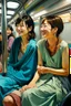 Placeholder: Neoclassicism 2 japanese woman smiling at other woman sitting in metro realistic cote d'azur painting colorfull