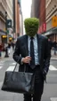 Placeholder: A man with suite carrying a business bag walking in the new York street , his head is a covered with grass no eyes nose or mouth