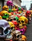Placeholder: a field of skulls, multi colored, bright, vivid, psychedelic, high detailed, high gloss, insanly detailed, matte, horrorcore, lining the street, unsettling contrast