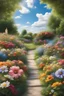 Placeholder: Garden abundance with baskets overflowing with flowers under a beautiful blue sky with clouds