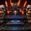 Placeholder: DJ of the damnded, insanely detailed DJ booth in hell, MID set, speakers and equipment made of bone, anatomically correct, add more skulls in th audience, photorealism, vray, 8k 3d, woofers in all empty eye sockets of stage equipment, wide angle, telephoto, from audience, all multicolored skulls,