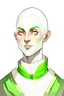 Placeholder: full color portrait drawing, portrait, 22-year old friendly female human cleric, shaved head, light eyebrows, grey eyes, wearing white (10%) and dark green (80%)