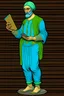 Placeholder: Modern guy, 20s, holding ipad in left hand, looks like a renaissance painting, walking forward, full body, "persian green", "right hand pointing down". "Front facing"