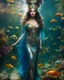 Placeholder: Full body shoot excellent pose gorgeous Beautiful Queen photography art realistic,cinematic colors,soft blur ,natural beauty, of young woman, smiling, beautiful, shiny grey eyes, beauty make up,Queen Persian style, shiny baubles, ornate, large gemstones, shiny molten metalics, shiny wire filigree, brown hair, high definition, Walk in underwater scene teeming with colorful fish nemo, many full fishes swim, and gentle sea turtle