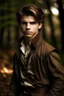Placeholder: Fantasy world, young hot bad boy with brown hair, dressed elegant as hunter