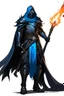 Placeholder: A commander with a matte black combat helmet and eyes with bright blue flaming pupils, a black cape and a long coat with long combat boots and a long, sharp and fiery spear and with his helmet under his cape and two blue flames instead of eyes