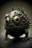 Placeholder: Solid spherical creature, four black eyes, very small mouth, lighting body, The creature is iron, high details, stunning realistic photograph