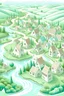 Placeholder: A light mint color village filled with windmills painted by MC Escher