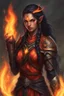 Placeholder: Picture a fierce eladrin druid with blazing jet-black hair, half braided and half down, emitting flames as she conjures fire with her hands. Her eyes shine bright red, and a big scar on her face tells of battles fought. Clad in light armor, she embodies strength and elemental mastery, with her flaming hair adding to the intensity.