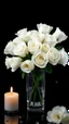 Placeholder: HThe image is a digital artwork that depicts a bouquet of 12 white roses in crystal vase , creating a wave-like effect. Beside it a candle , The background is black, which makes the white rose stand out even more. Water droplets are scattered adding to the dreamy, ethereal quality of the image. The a
