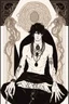 Placeholder: black haired young man necromancer wizard with gothic jewelry and tentacle fingers in the style of Aubrey Beardsley