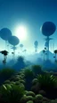 Placeholder: 12 different sizes plants around a sun in fog blue backdrop with a big spaceship hi density photographic