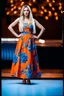 Placeholder: full body of very beautiful ukrain lady wearing orange_blue pretty midi flared dress ,standing idle pose in studio