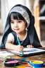 Placeholder: a little girl sitting on the floor holding a tablet, wearing a head scarf, white bangs, document photo, photo still of, paint, wet drapery, unmasked, diary on her hand, 5 years old, focus close on mischievous eyes, hand - drawn animation, with long black hair, portrait of dangerous