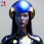 Placeholder: woman, asian, blue, paint face, round helmet, decorative color feathers, retro futuristic, latex coat, soft color, highly detailed, art stations, concept art, smooth, unreal engine 5, god rays, ray tracing, RTX, lumen lighting, ultra detail, volumetric lighting, 3d, finely drawn, high definition, high resolution.