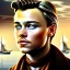 Placeholder:  fantasy art, photorealism, realistic portrait of a young leonardo di caprio looking dorky, movie poster, titanic in the background, book cover illustration