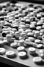 Placeholder: colorful medicine pills under a hospital bed in black and white.