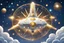 Placeholder: flat round silver and gold light FANTASY spaceship in starry sky