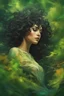 Placeholder: abstract creation of a beautiful girl with black curly hair, surrounded by green forest, wrapped in tree routes, wind blowing, summer and bright colours, chaos, realistic, 8k